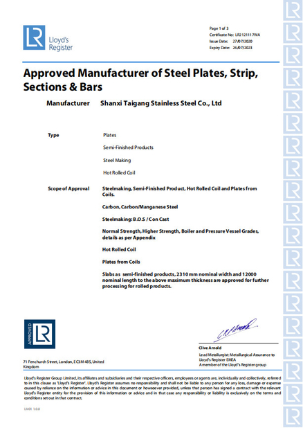 CHINA ShanXi TaiGang Stainless Steel Co.,Ltd Certificaten